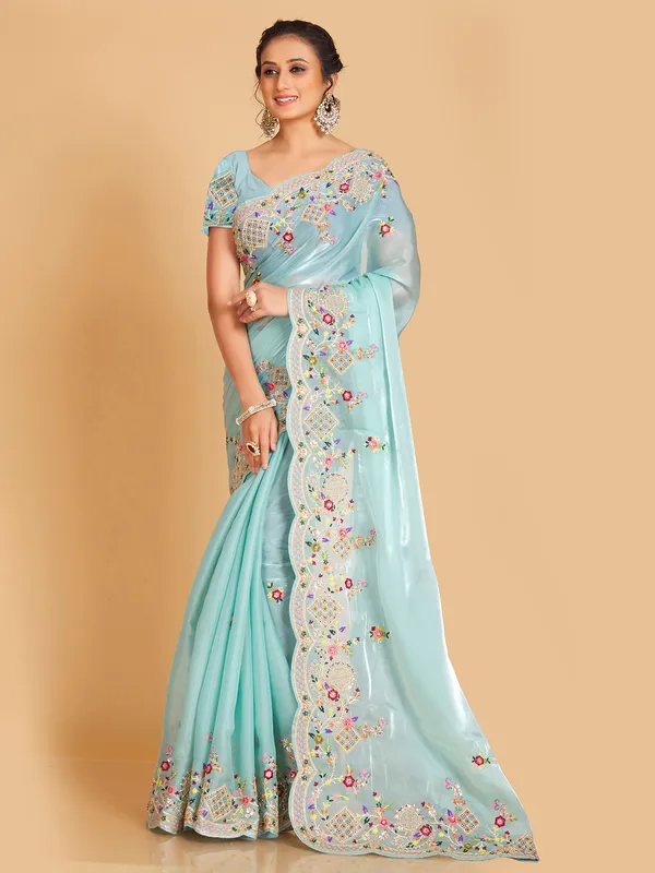 Elegant sky blue oragnza saree