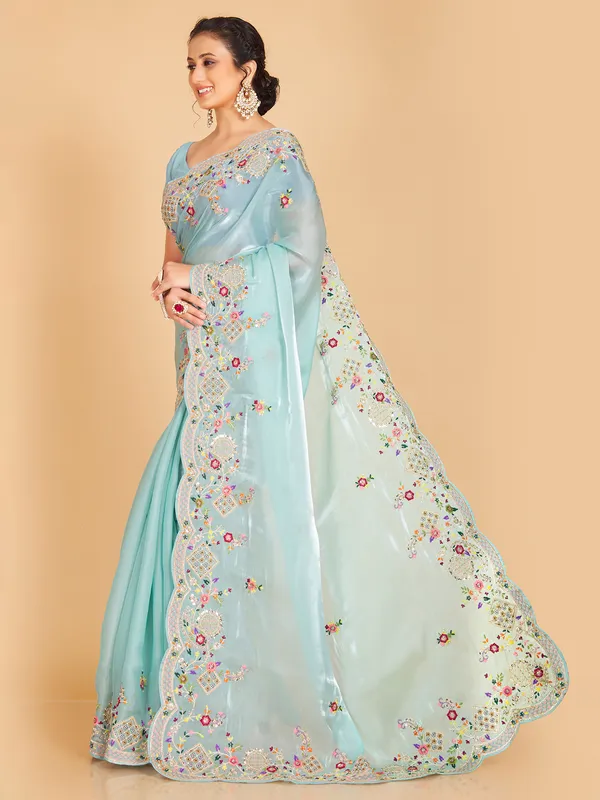 Elegant sky blue oragnza saree