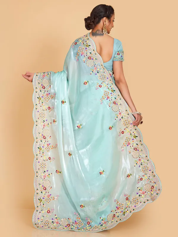 Elegant sky blue oragnza saree