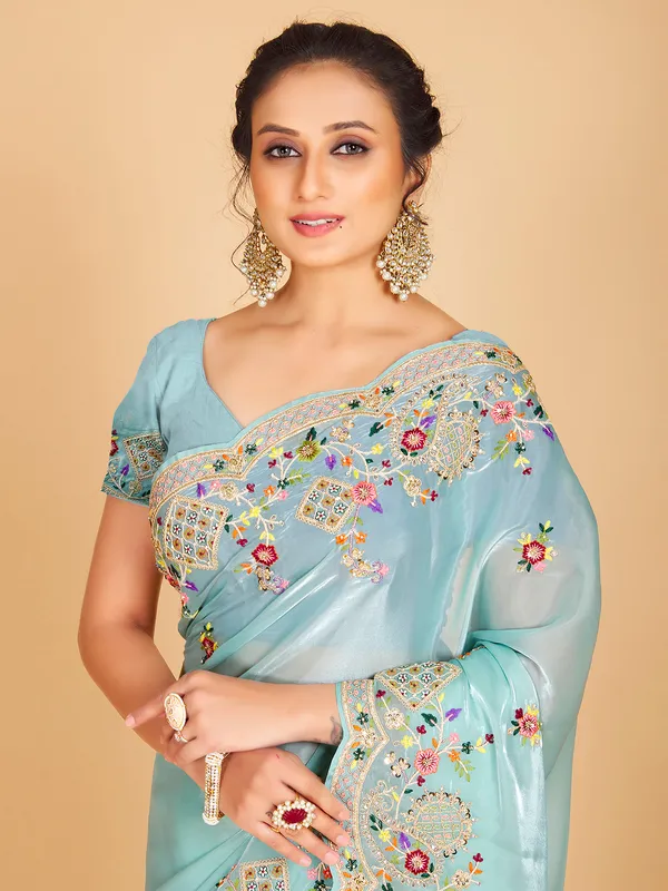 Elegant sky blue oragnza saree