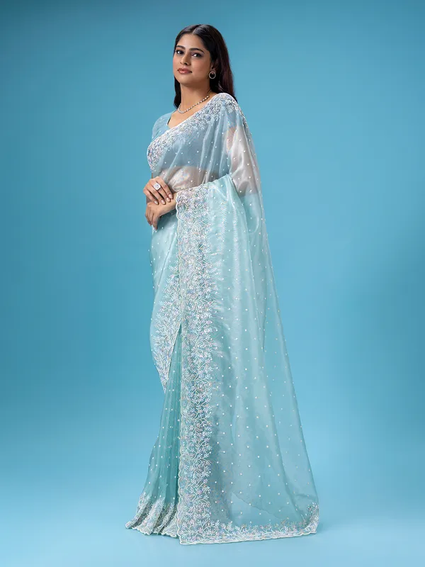 Elegant sky blue organza saree