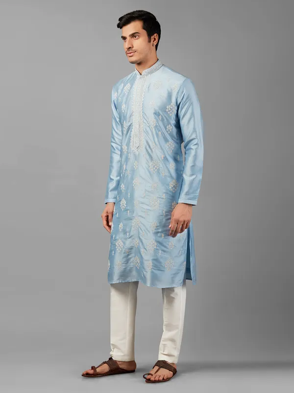 Elegant sky blue silk  Men Kurta pajama