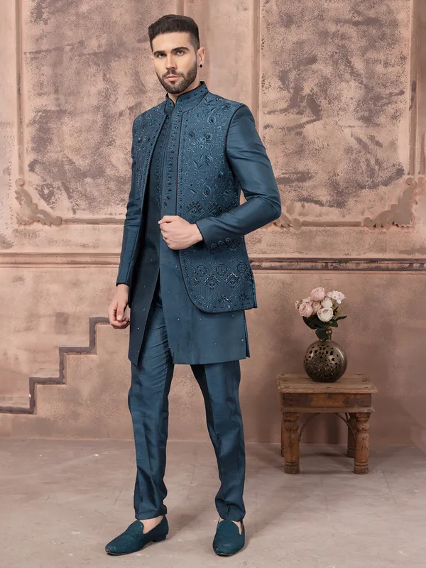 Elegant teal blue silk indowestern