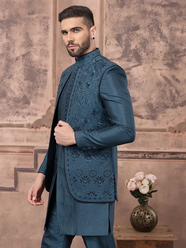 Elegant teal blue silk indowestern