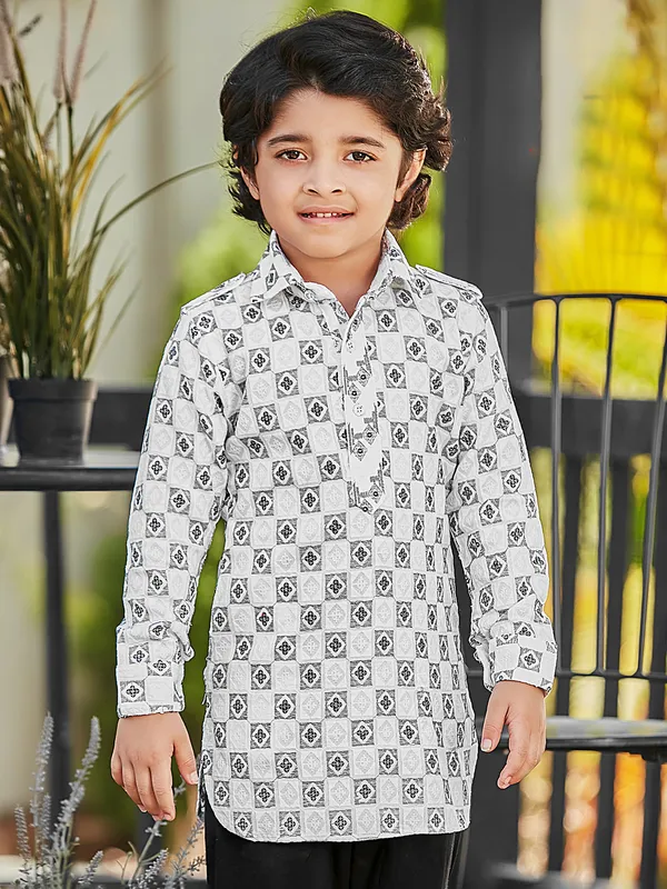 Elegant white and black cotton silk kurta suit for boys