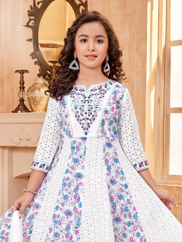 Elegant white and blue cotton embroidery salwar suit