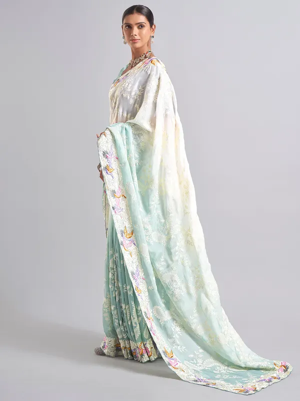 Elegant white and mint blue saree