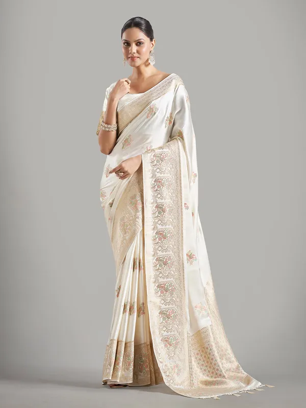 Elegant white banarasi silk saree for festive