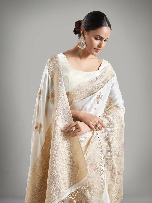 Elegant white banarasi silk saree for festive