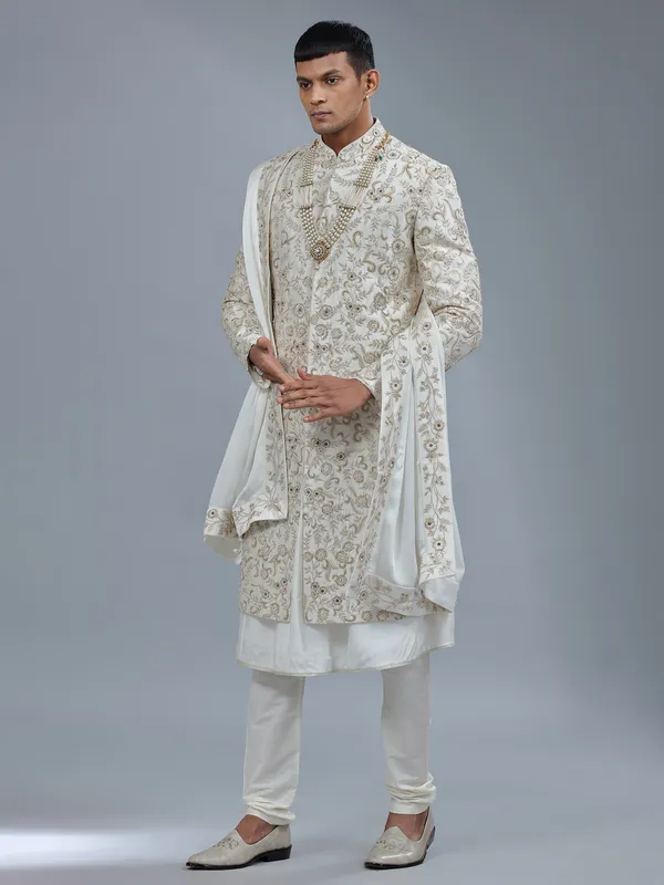 Elegant white peshwai raw silk sherwani