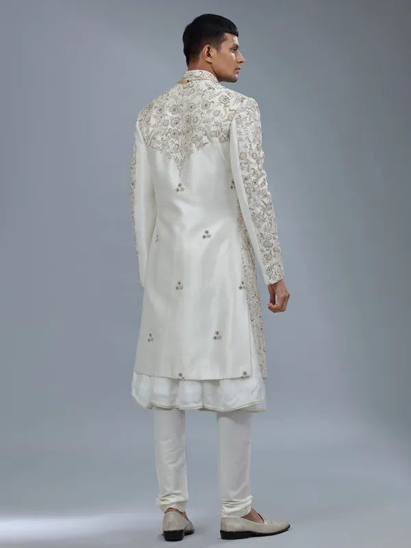 Elegant white peshwai raw silk sherwani
