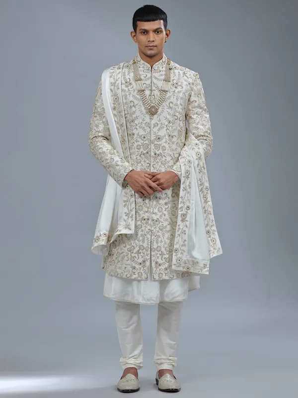 Elegant white peshwai raw silk sherwani
