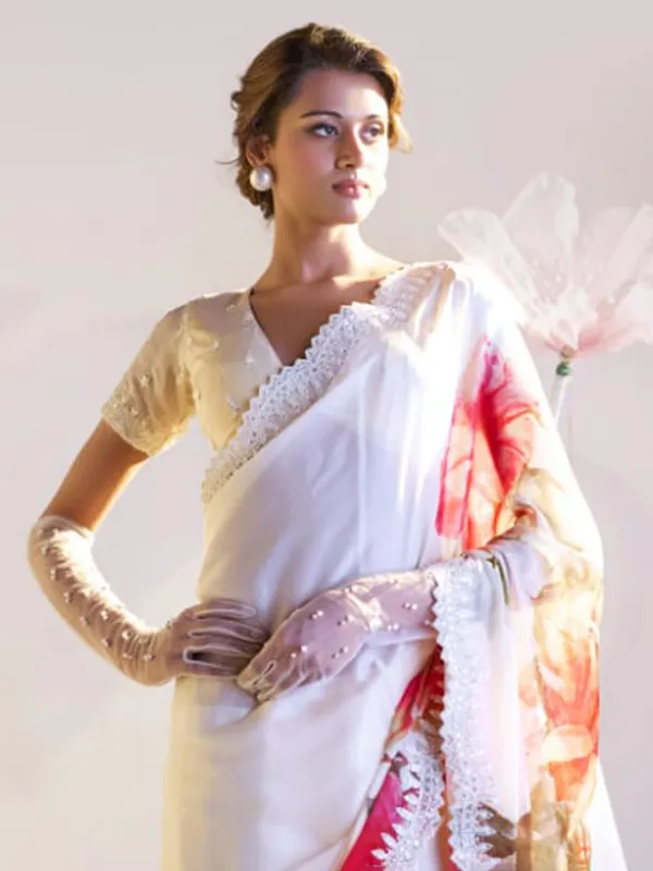Elegant white satin silk saree