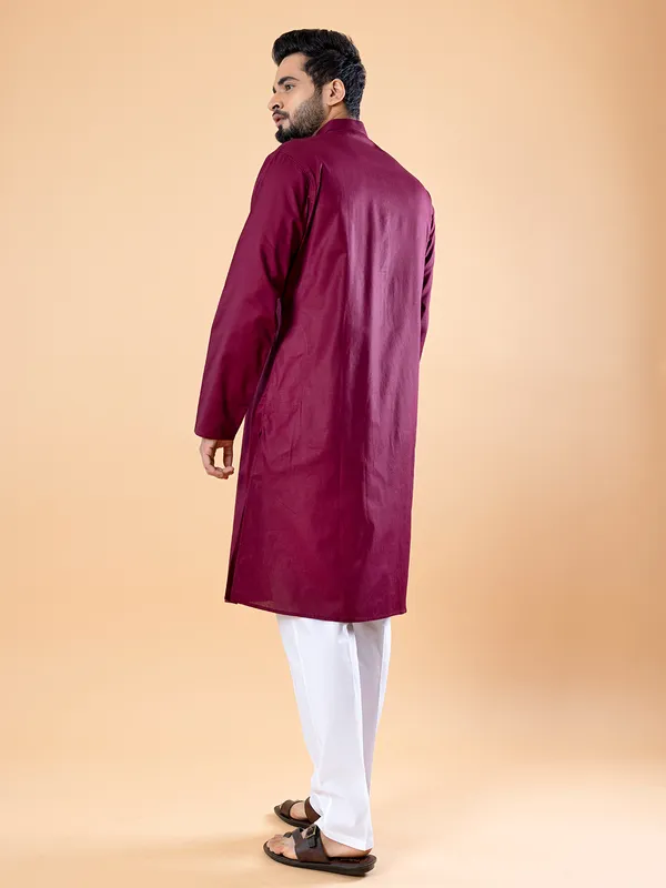 Elegant wine cotton plain  Men Kurta pajama