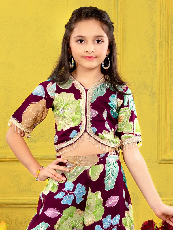 Elegant wine floral georgette palazzo suit