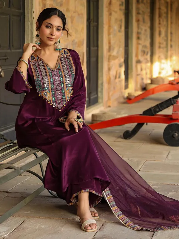 Elegant wine silk kurti set