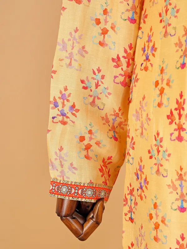 Elegant yellow printed silk  Men Kurta pajama