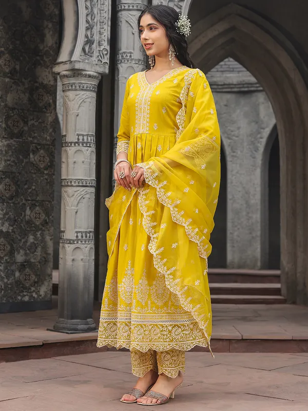 Elegant yellow silk kurti set with dupatta