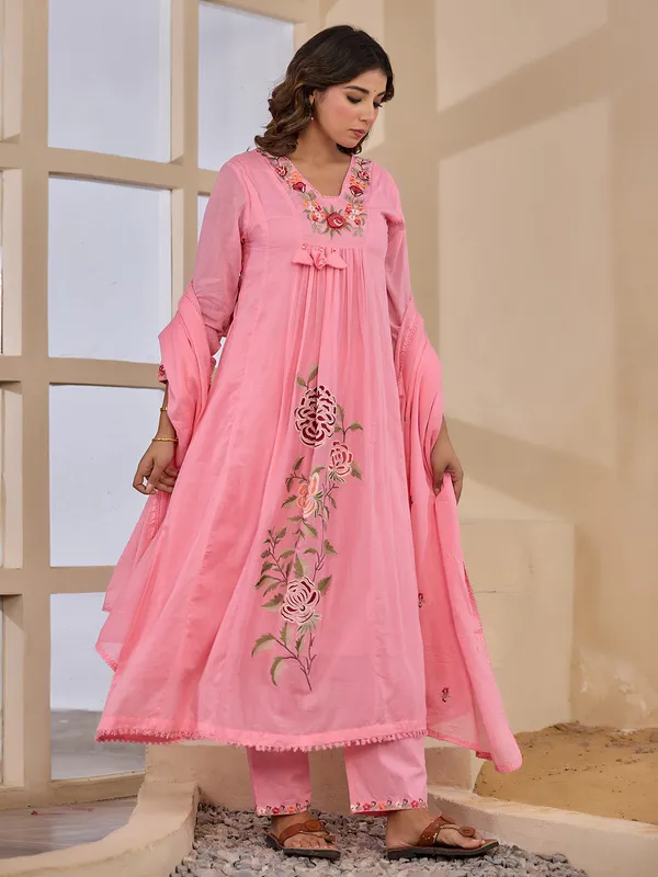 Embroidered elegance pink cotton silk kurti set
