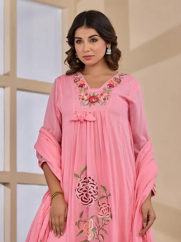 Embroidered elegance pink cotton silk kurti set