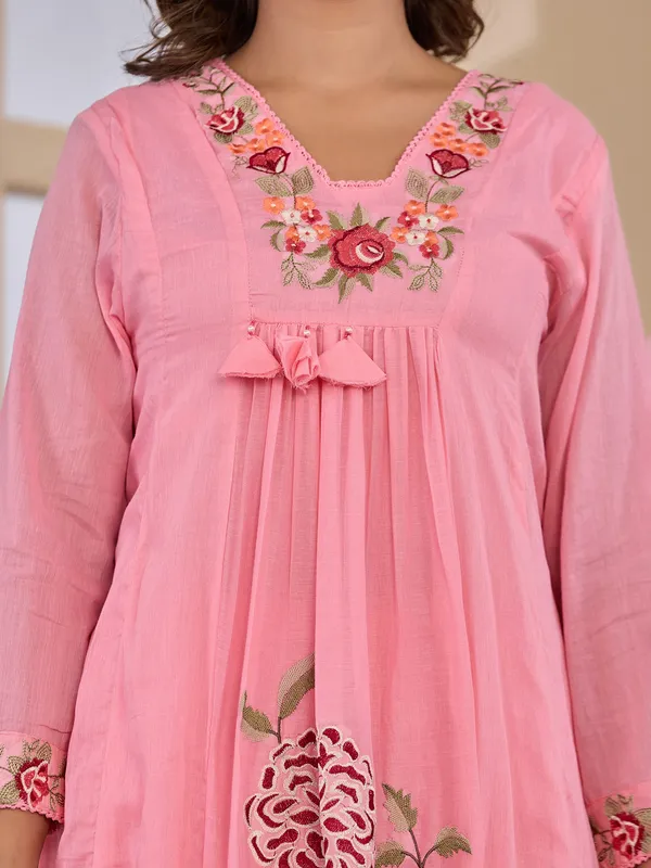 Embroidered elegance pink cotton silk kurti set