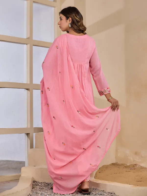 Embroidered elegance pink cotton silk kurti set