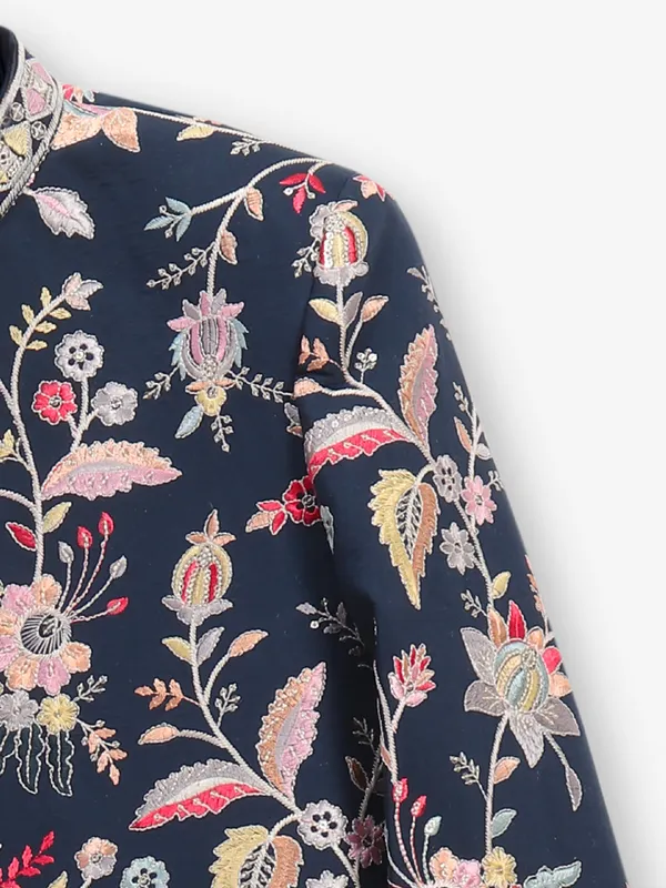 Embroidered navy cotton silk indowestern for boys