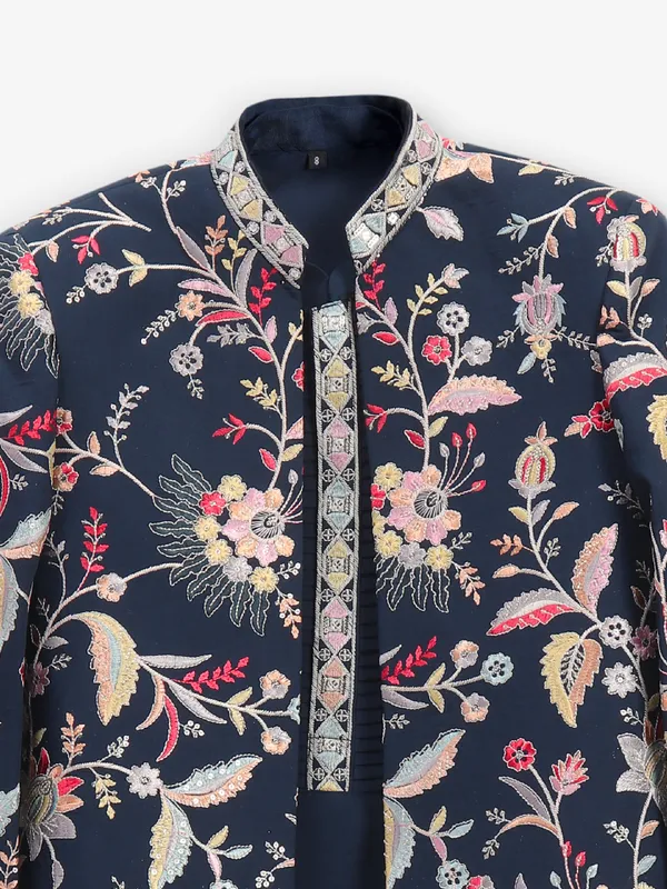 Embroidered navy cotton silk indowestern for boys