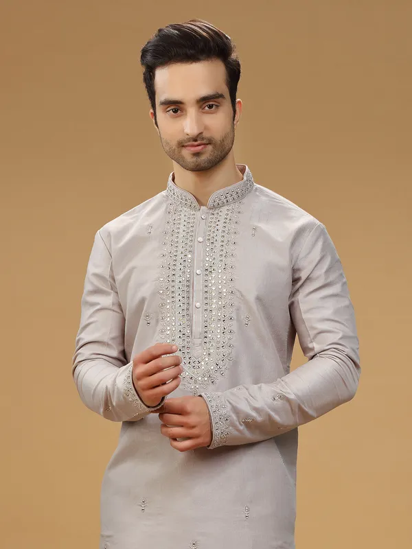 Embroidery beige silk kurta suit