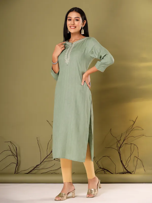 Embroidery dusty green cotton kurti