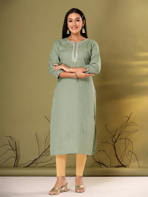 Embroidery dusty green cotton kurti