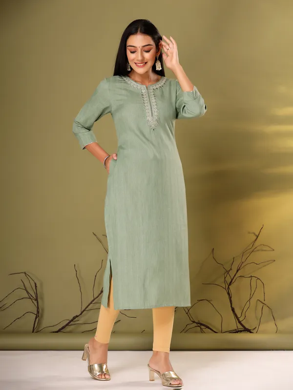 Embroidery dusty green cotton kurti