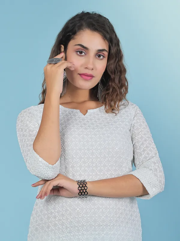 Embroidery light blue cotton kurti