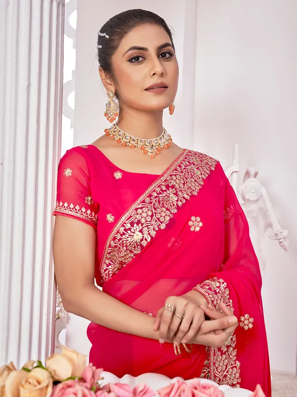 Embroidery magenta georgette saree