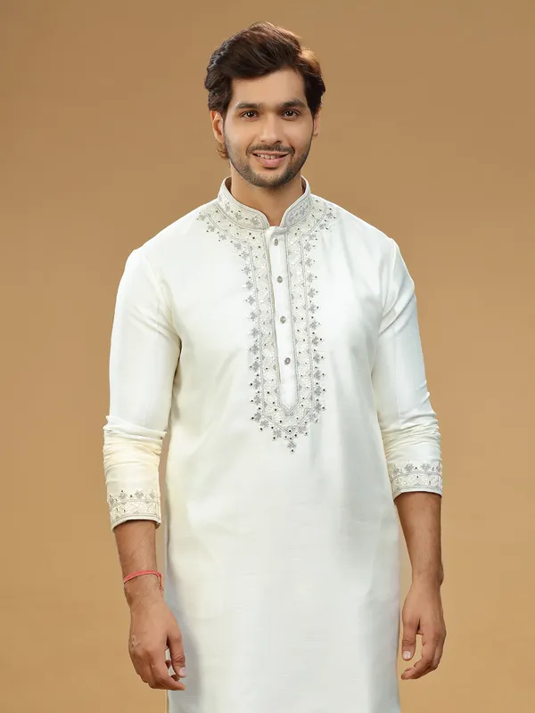 Embroidery off white silk  Men Kurta pajama