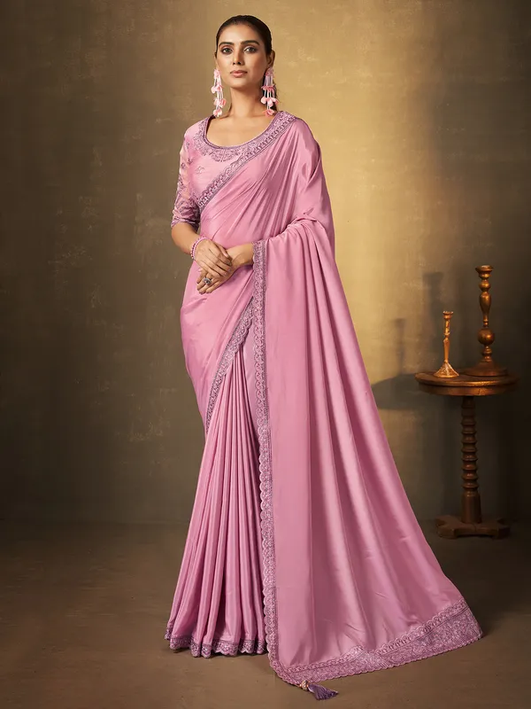 Embroidery pink crepe silk saree