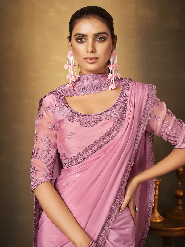 Embroidery pink crepe silk saree
