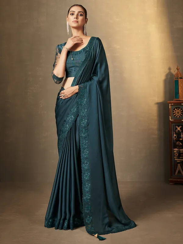 Embroidery prussian blue satin silk saree