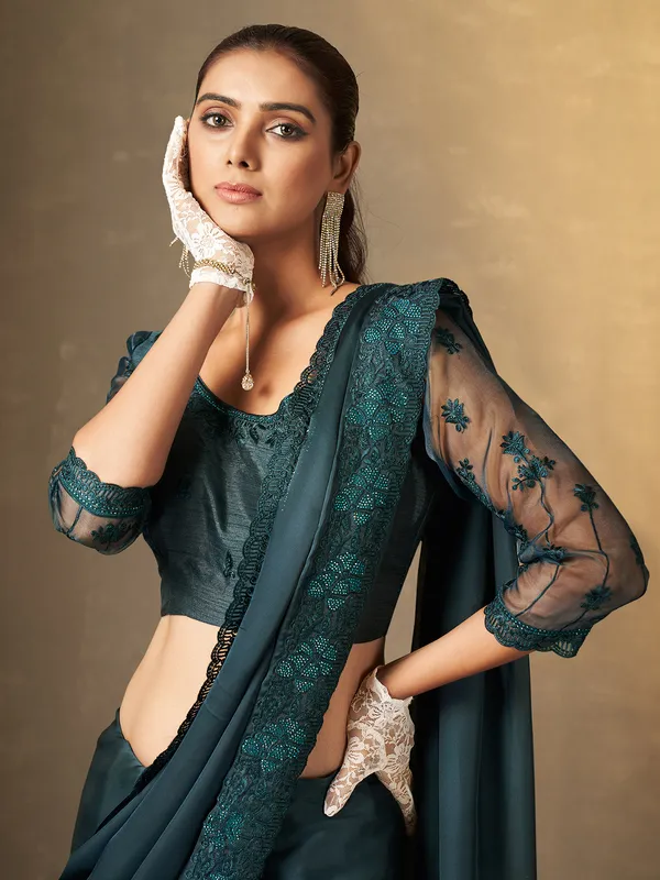 Embroidery prussian blue satin silk saree