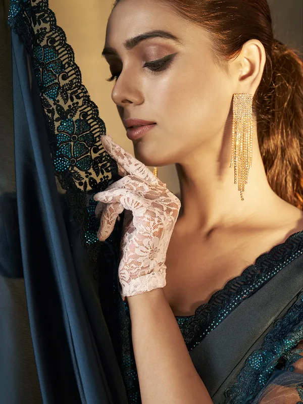 Embroidery prussian blue satin silk saree