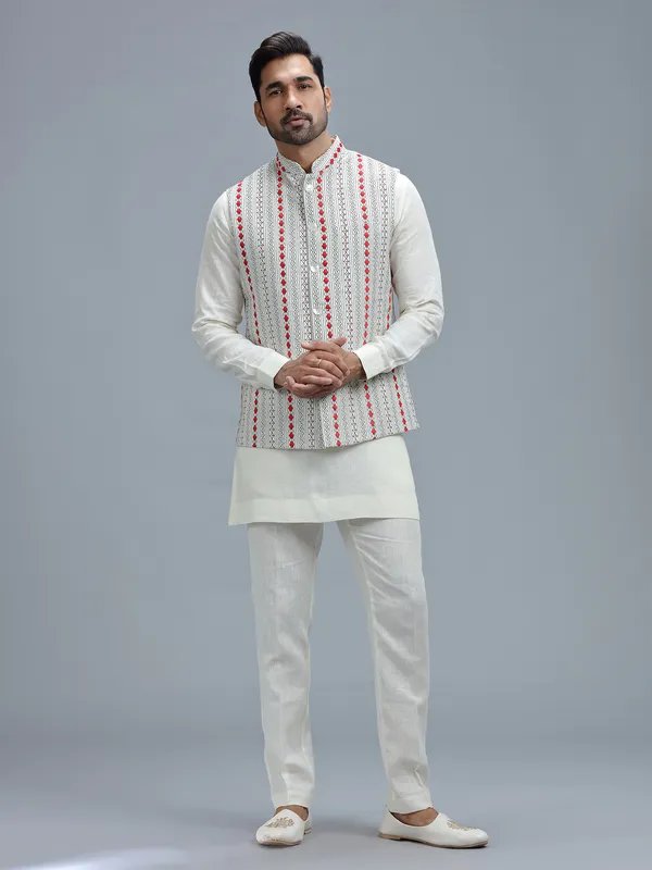 Embroidery white linen waistcoat set