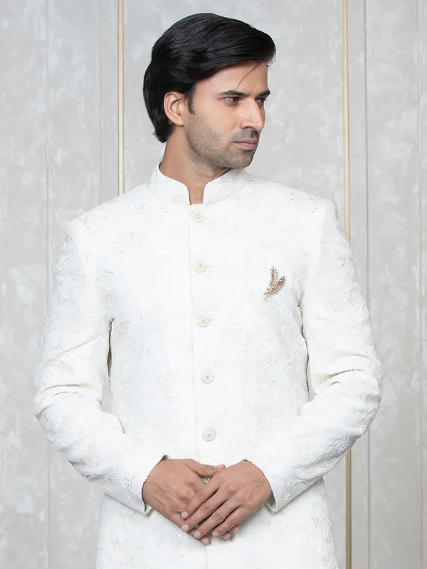 Embroidery white silk indowestern