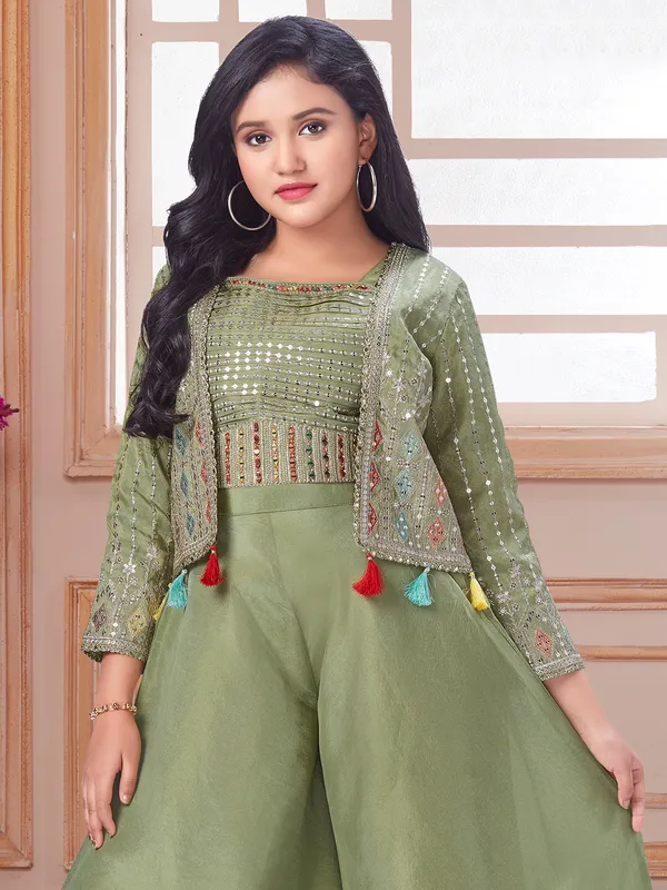 Enchanting olive silk palazzo salwar suit with jacket