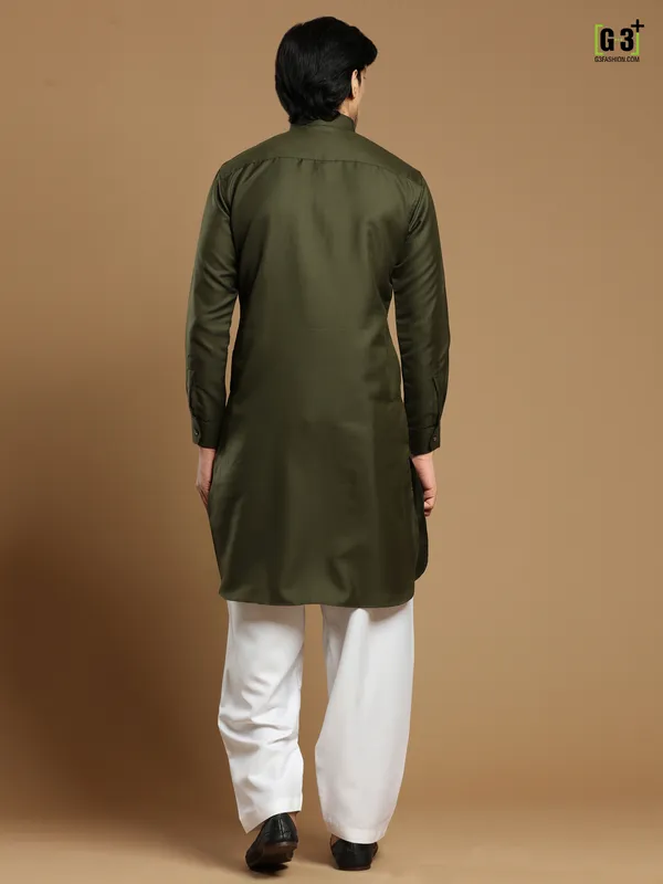 Olive festive wear plain cotton silk pathani suit