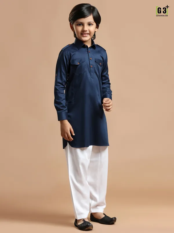 Royal blue plain cotton silk pathani suit