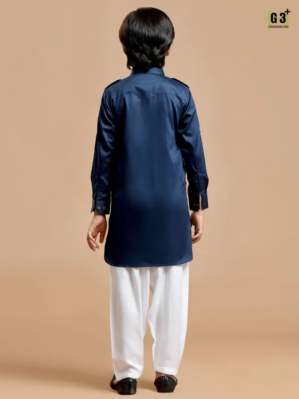 Royal blue plain cotton silk pathani suit