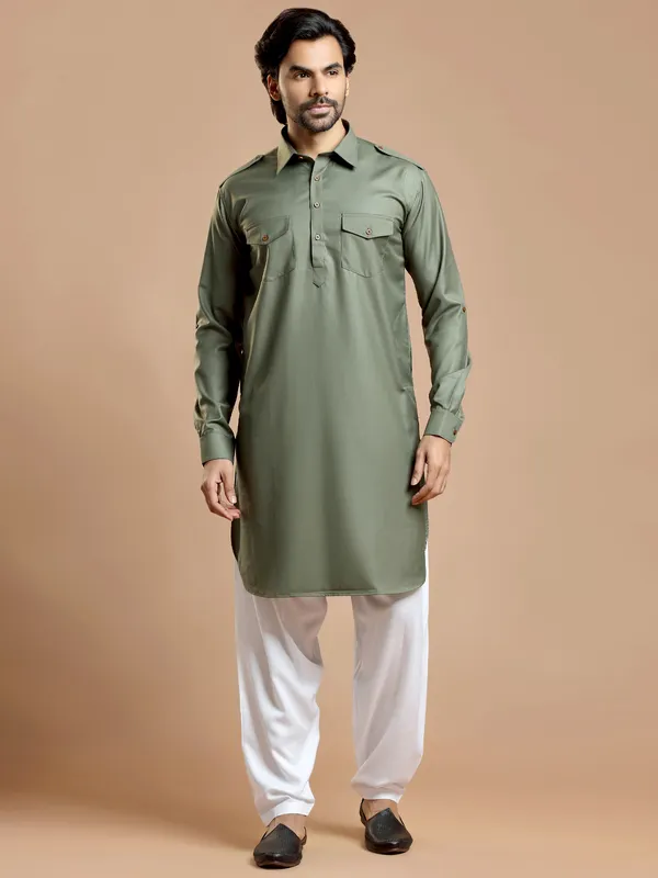 Sage green plain cotton silk pathani suit