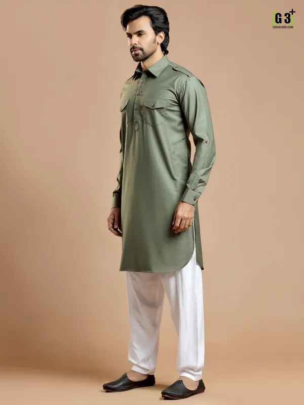 Sage green plain cotton silk pathani suit