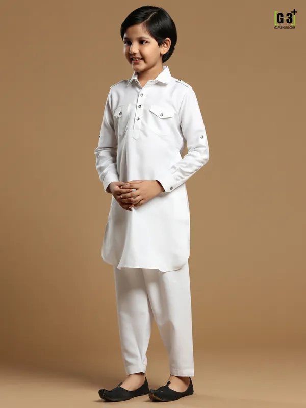 white festive wear plain cotton silk pathani suit