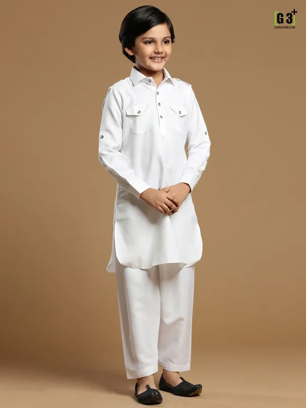 white festive wear plain cotton silk pathani suit